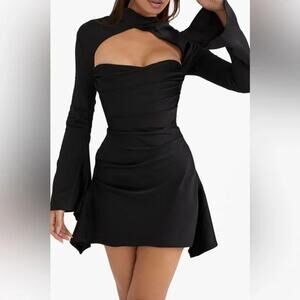 NWOT House of CB Toira keyhole mini flare satin black dress size XS